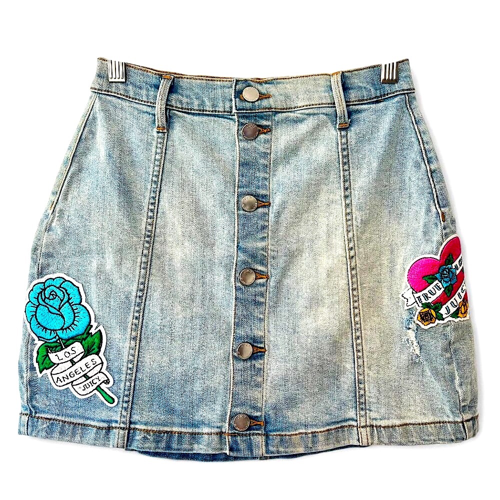 Juicy Couture Sz 24 Y2K Embroidered Tattoo Patch Denim Mini Skirt